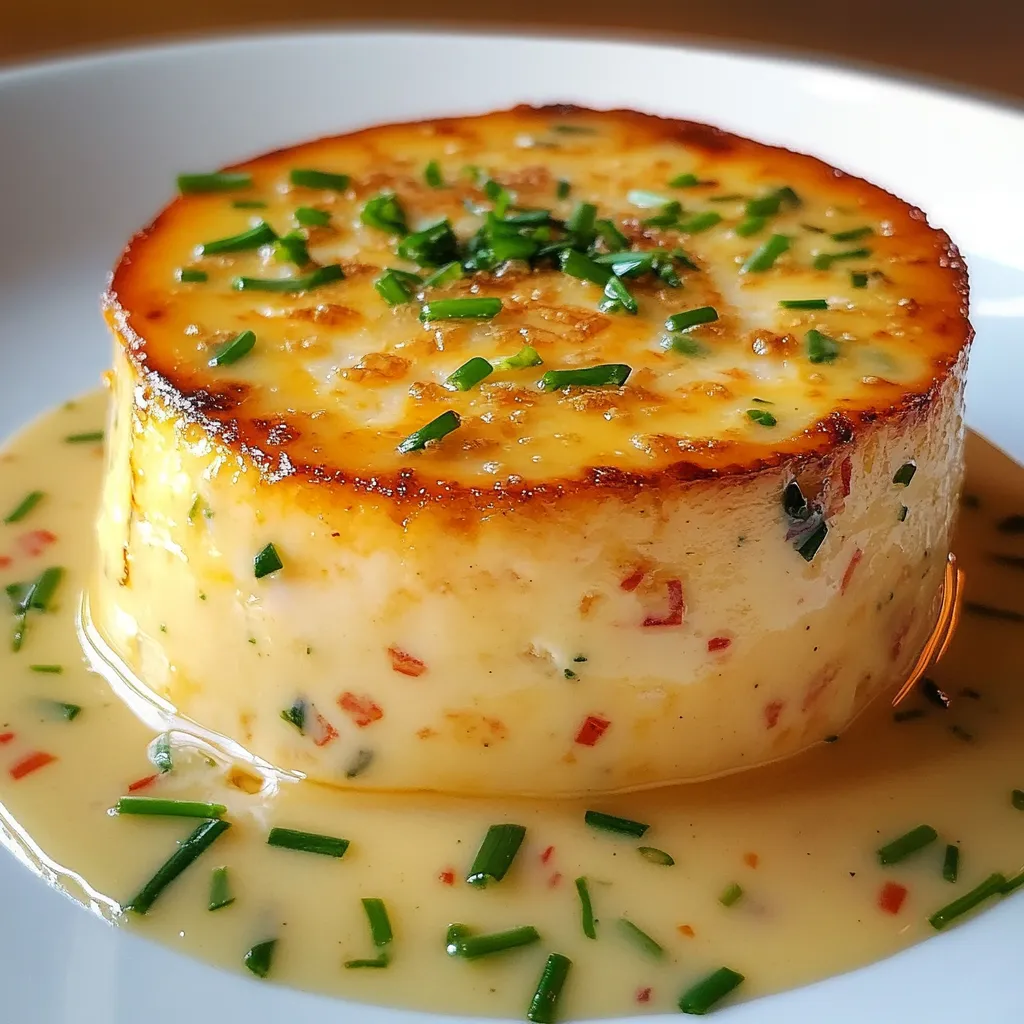 Flan de crabe servi avec sauce à la ciboulette sur assiette blanche