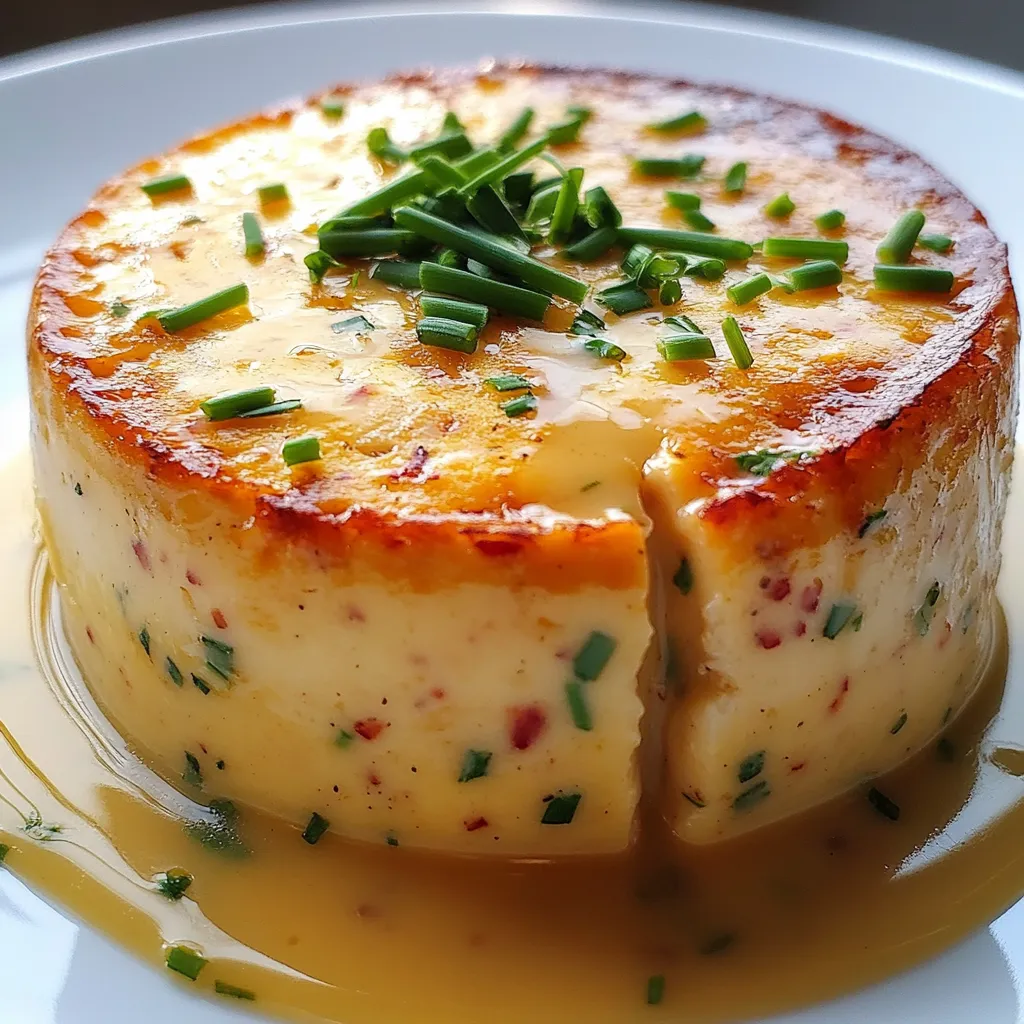 Flan de crabe servi avec sauce à la ciboulette sur assiette blanche