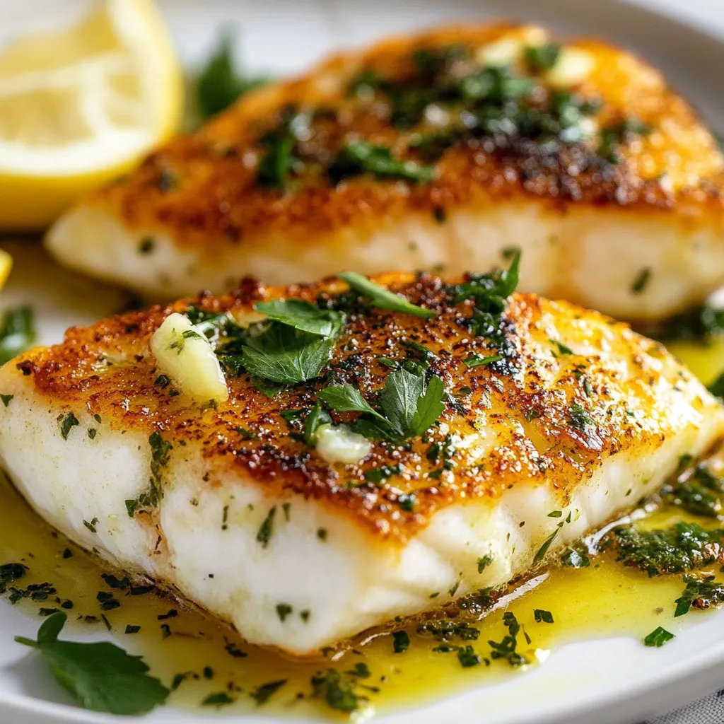 Filets de poisson croustillants nappés de beurre citronné aux herbes dans une assiette avec légumes vapeur