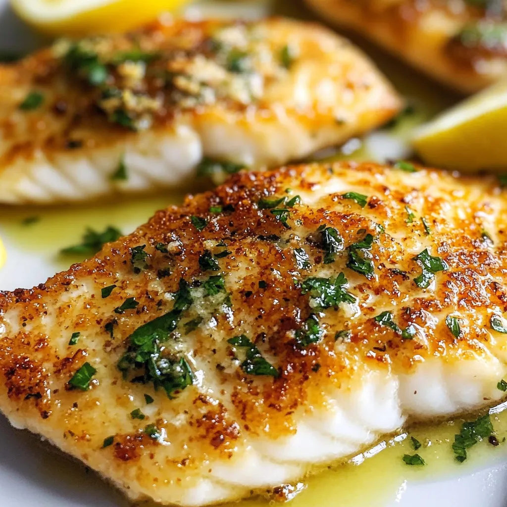 Filets de poisson croustillants nappés de beurre citronné aux herbes dans une assiette avec légumes vapeur