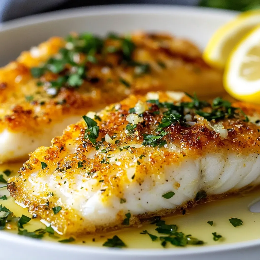 Filets de poisson croustillants nappés de beurre citronné aux herbes dans une assiette avec légumes vapeur