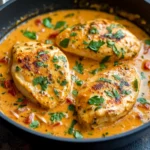 Filets de poulet dorés nappés de sauce crémeuse à la tomate dans une assiette garnie de thym.