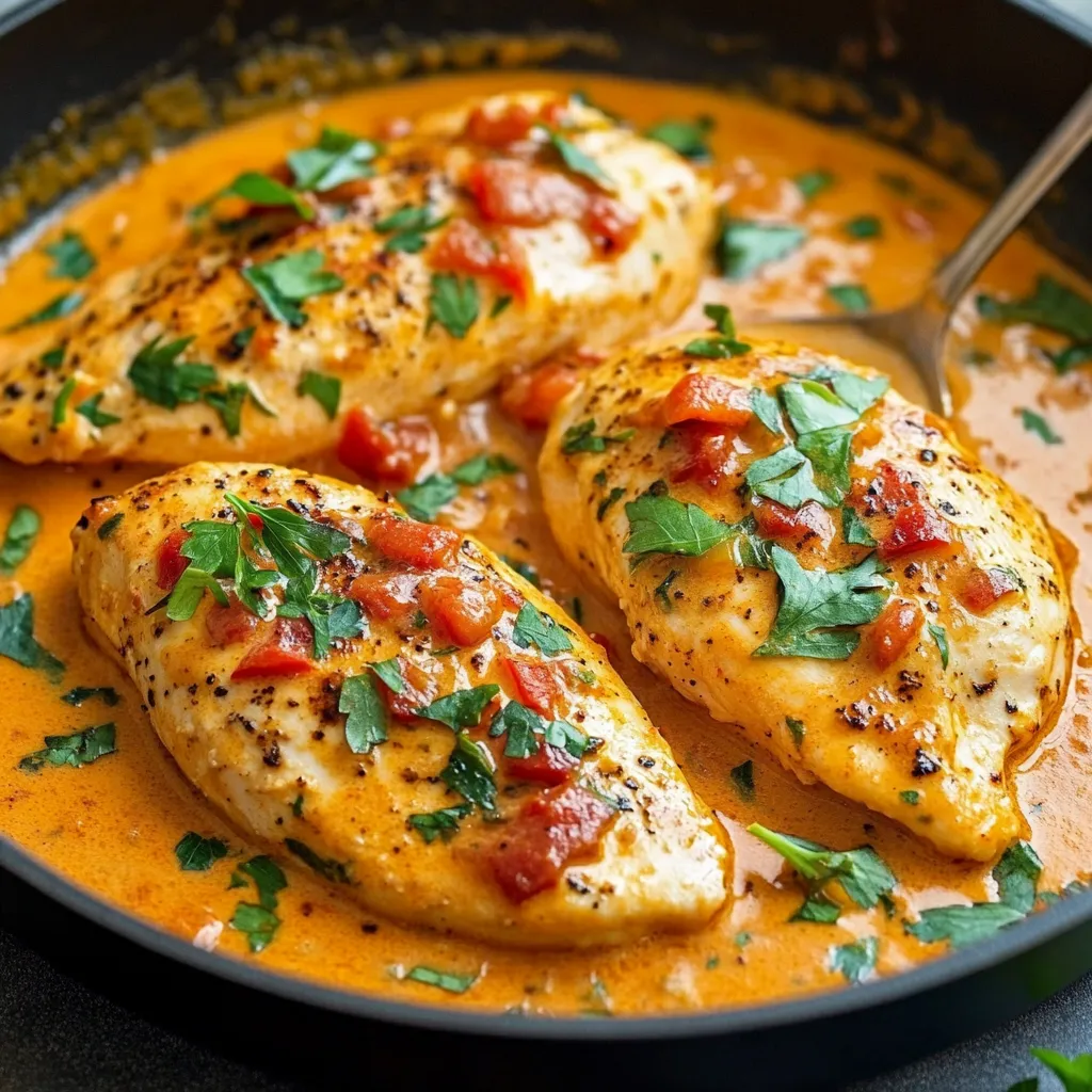 Filets de poulet dorés nappés de sauce crémeuse à la tomate dans une assiette garnie de thym.