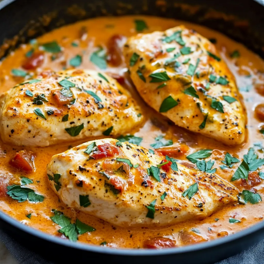 Filets de poulet dorés nappés de sauce crémeuse à la tomate dans une assiette garnie de thym.
