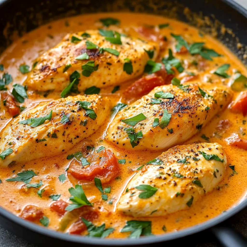 Filets de poulet dorés nappés de sauce crémeuse à la tomate dans une assiette garnie de thym.