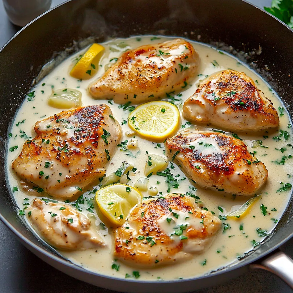 Filets de poulet dorés nappés d’une sauce à la crème, ail et citron, servis avec du persil frais.