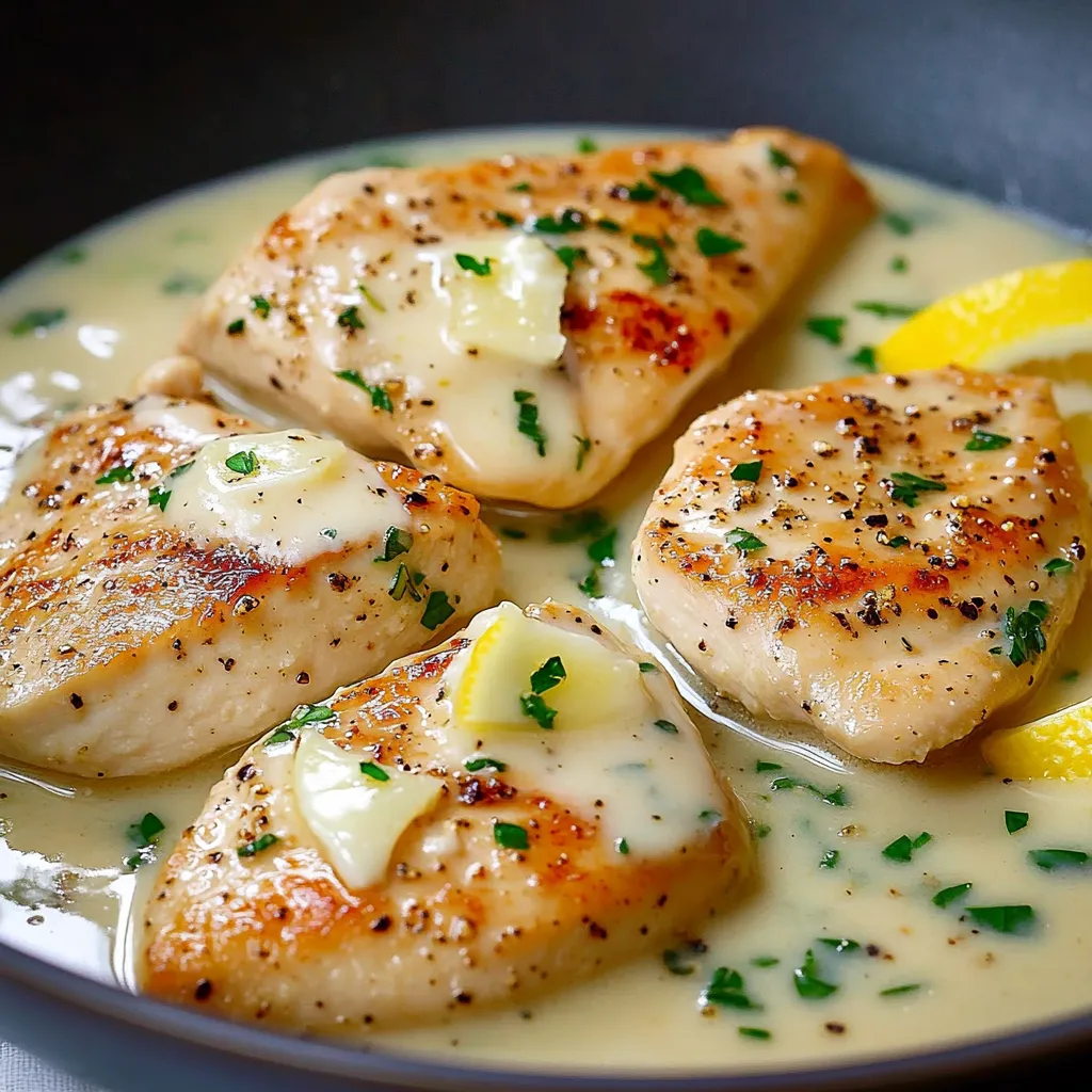 Filets de poulet dorés nappés d’une sauce à la crème, ail et citron, servis avec du persil frais.