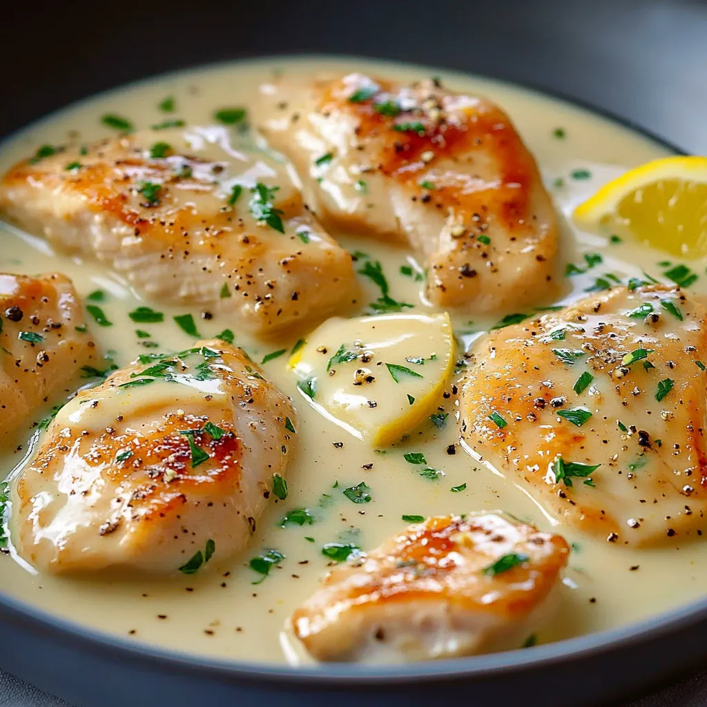 Filets de poulet dorés nappés d’une sauce à la crème, ail et citron, servis avec du persil frais.