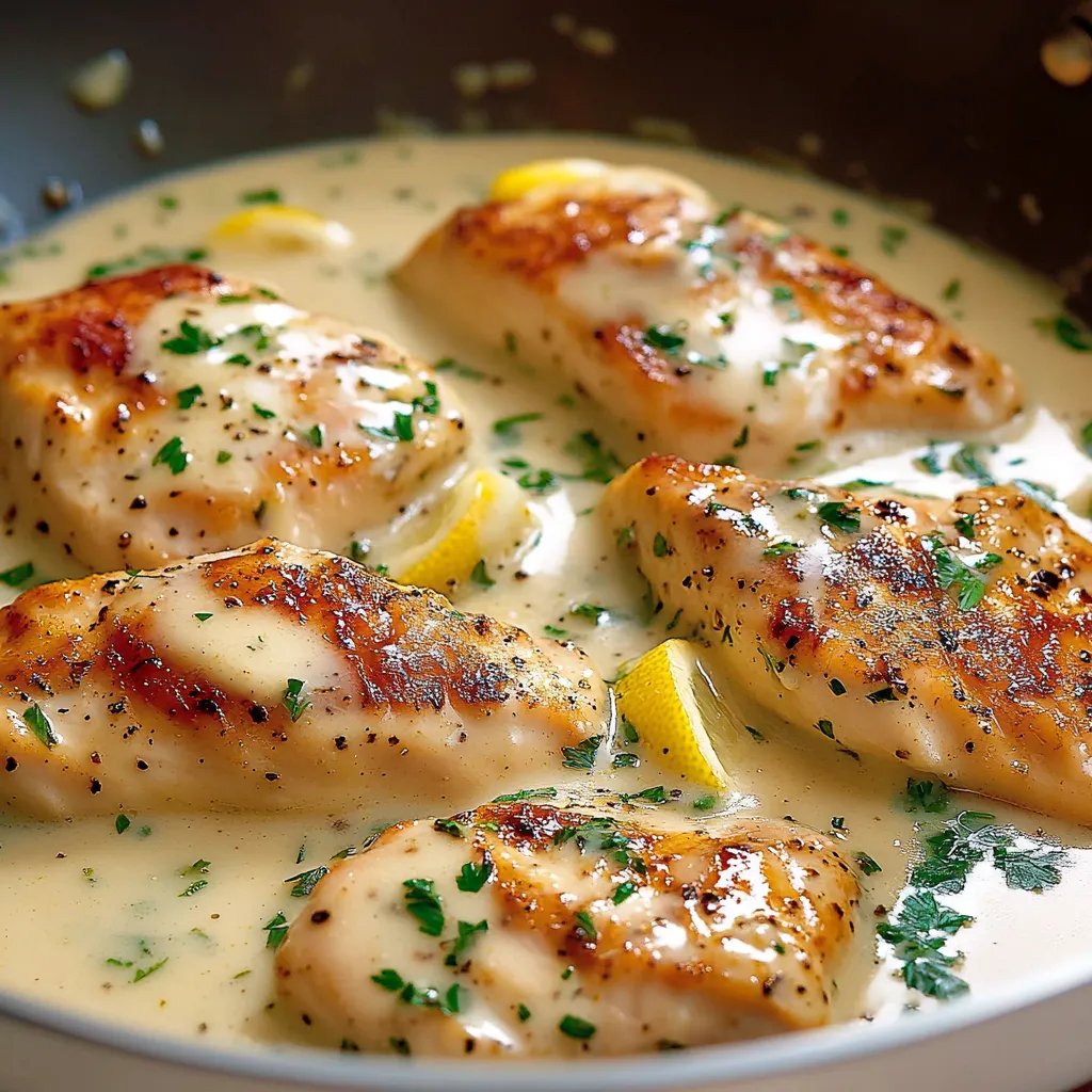 Filets de poulet dorés nappés d’une sauce à la crème, ail et citron, servis avec du persil frais.