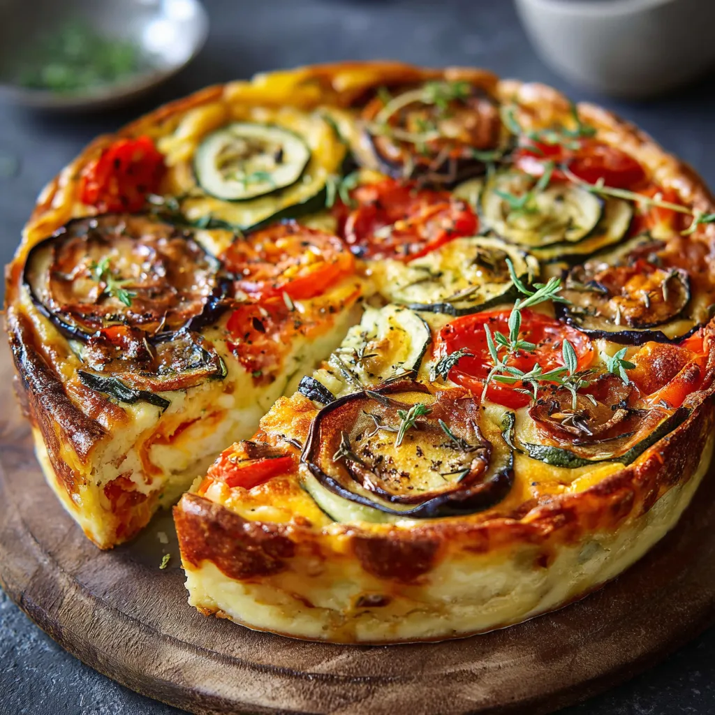 Flan provençal aux légumes d’été maison sorti du four dans un plat en céramique