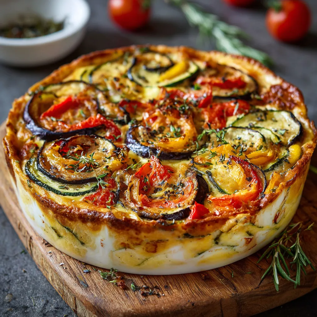 Flan provençal aux légumes d’été maison sorti du four dans un plat en céramique
