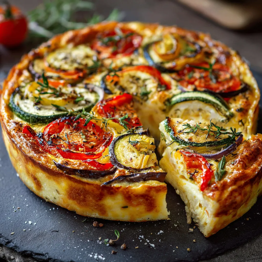 Flan provençal aux légumes d’été maison sorti du four dans un plat en céramique