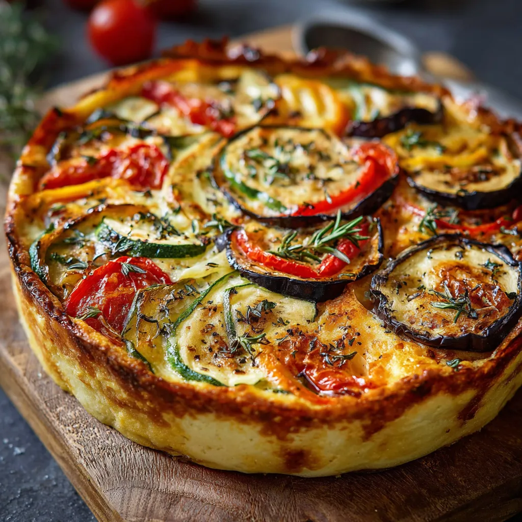 Flan provençal aux légumes d’été maison sorti du four dans un plat en céramique