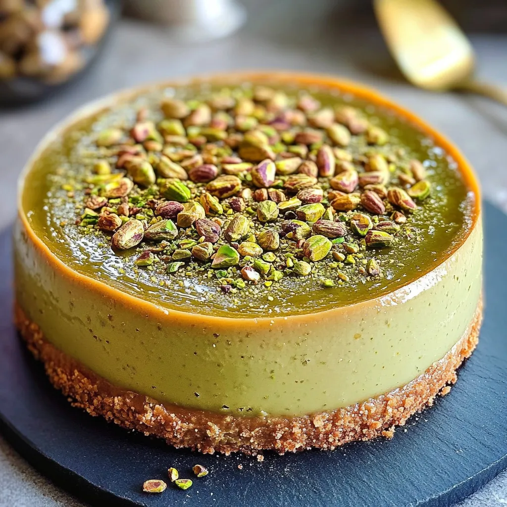 Flan à la pistache crémeux servi sur assiette blanche, décoré de pistaches concassées
