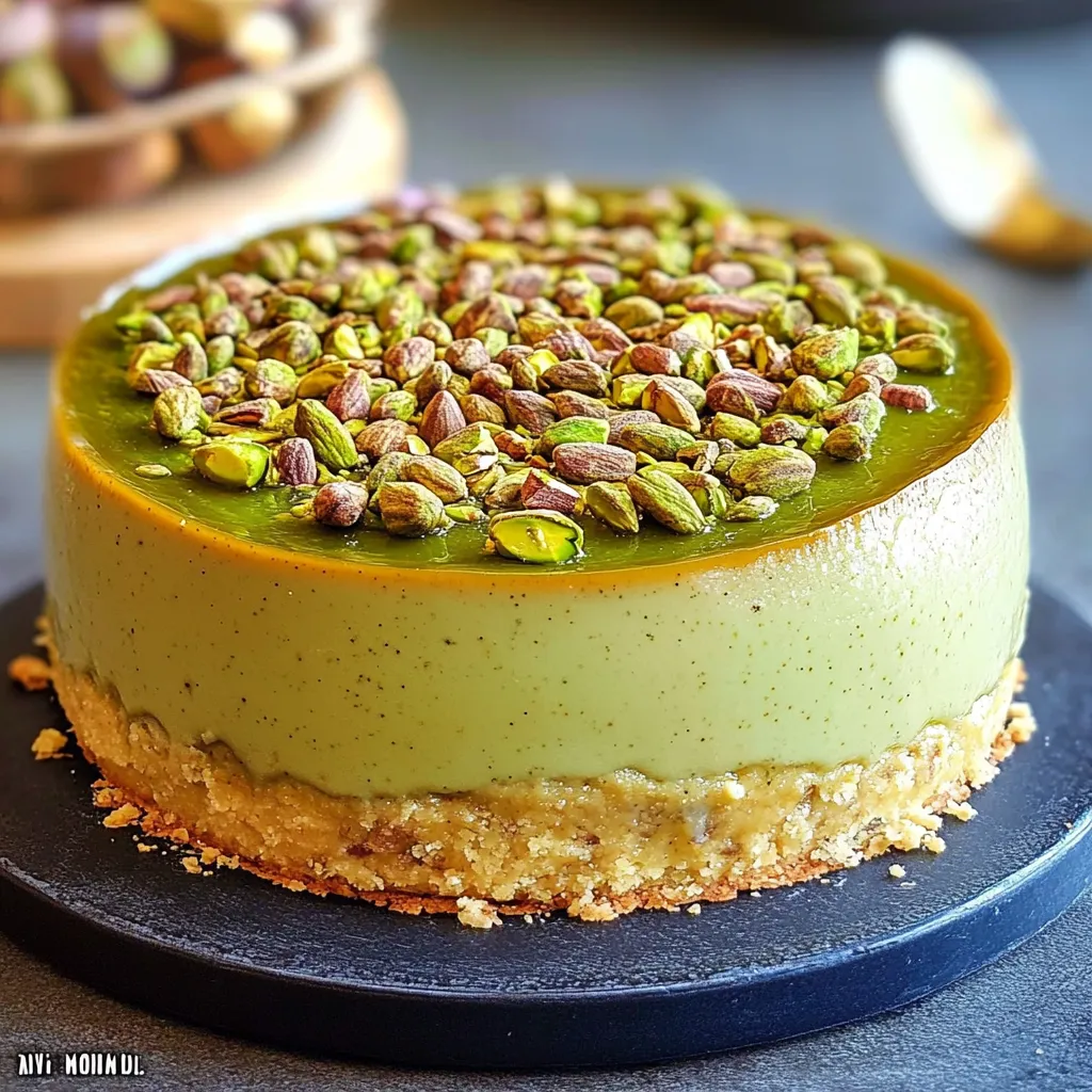 Flan à la pistache crémeux servi sur assiette blanche, décoré de pistaches concassées