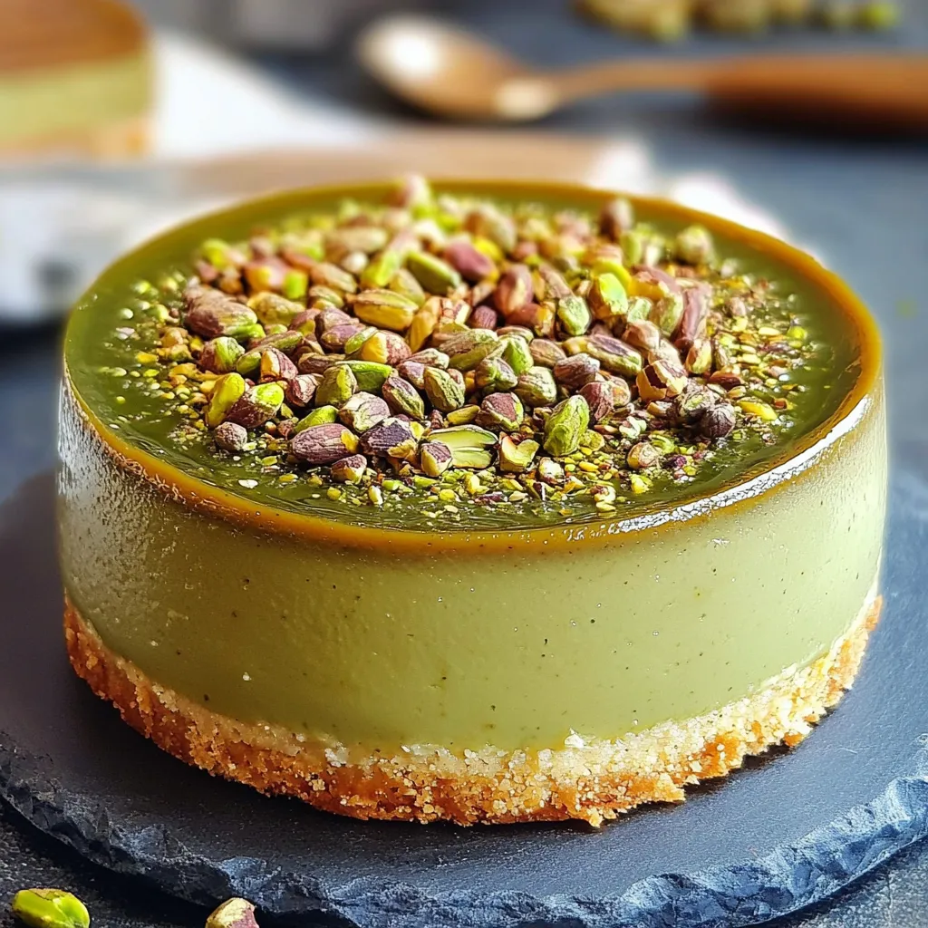 Flan à la pistache crémeux servi sur assiette blanche, décoré de pistaches concassées