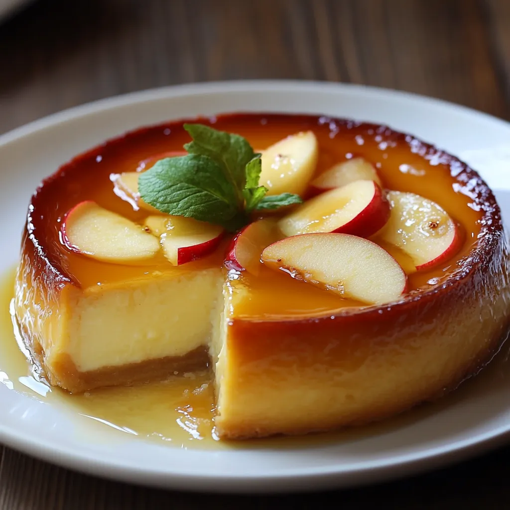 Flan aux pommes maison au yaourt dans un moule rond, doré et moelleux, prêt à être servi