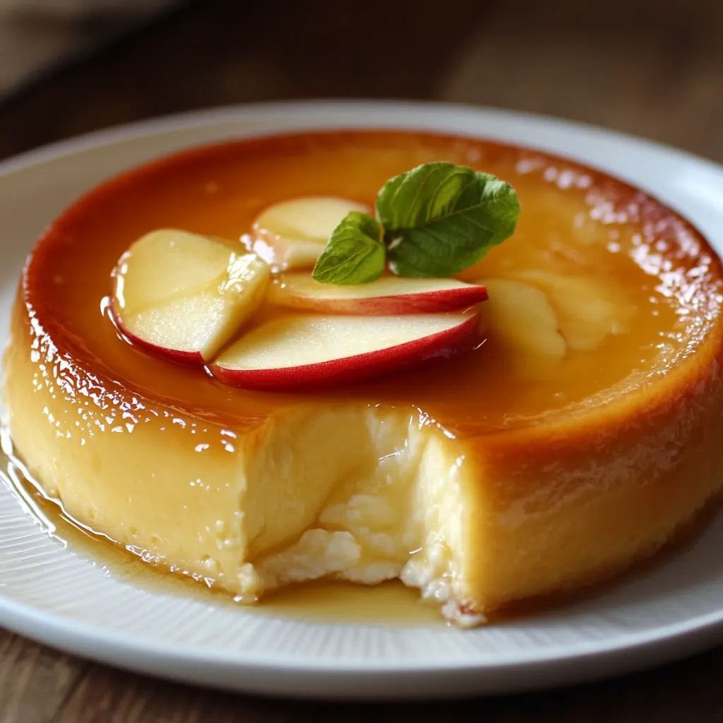 Flan aux pommes maison au yaourt dans un moule rond, doré et moelleux, prêt à être servi