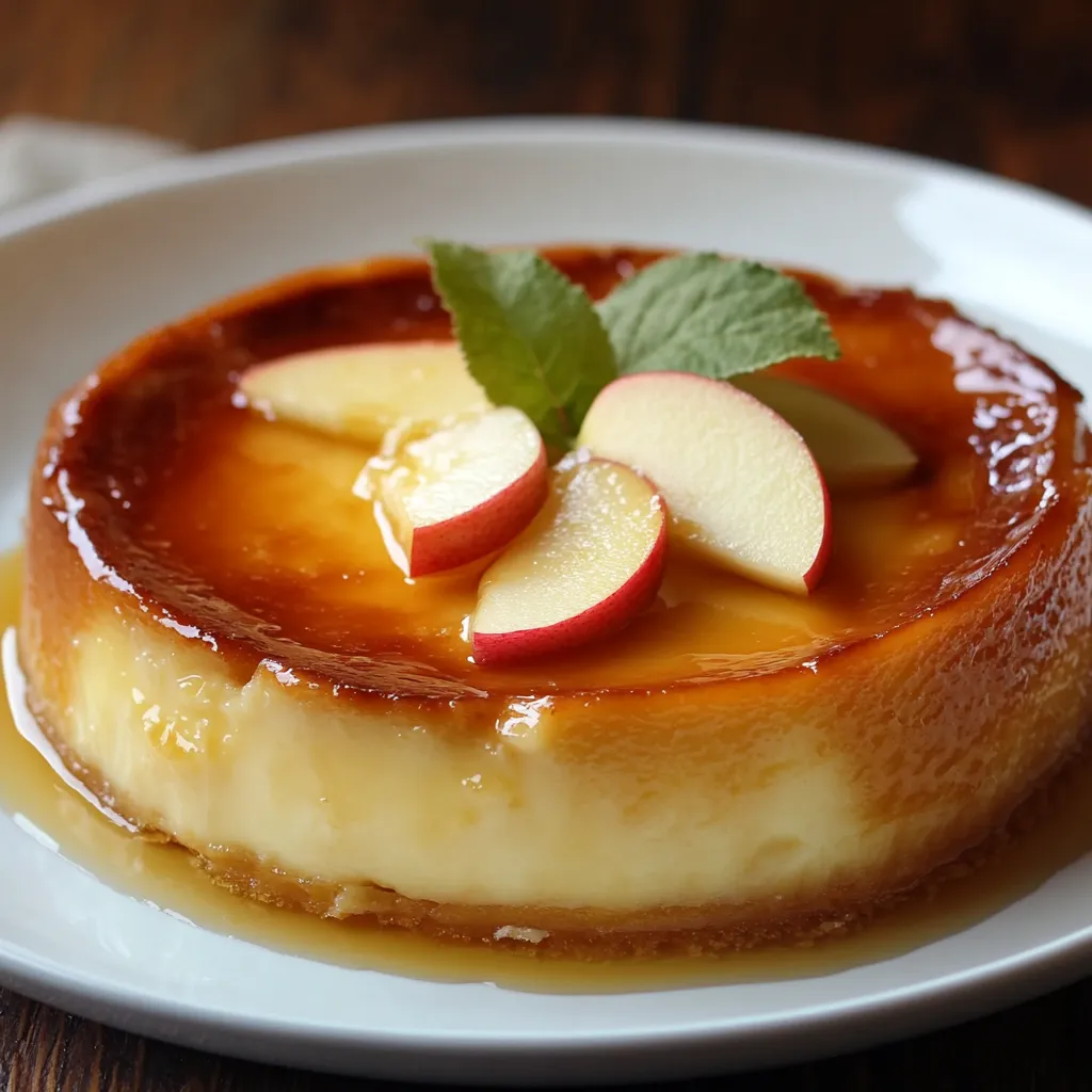 Flan aux pommes maison au yaourt dans un moule rond, doré et moelleux, prêt à être servi