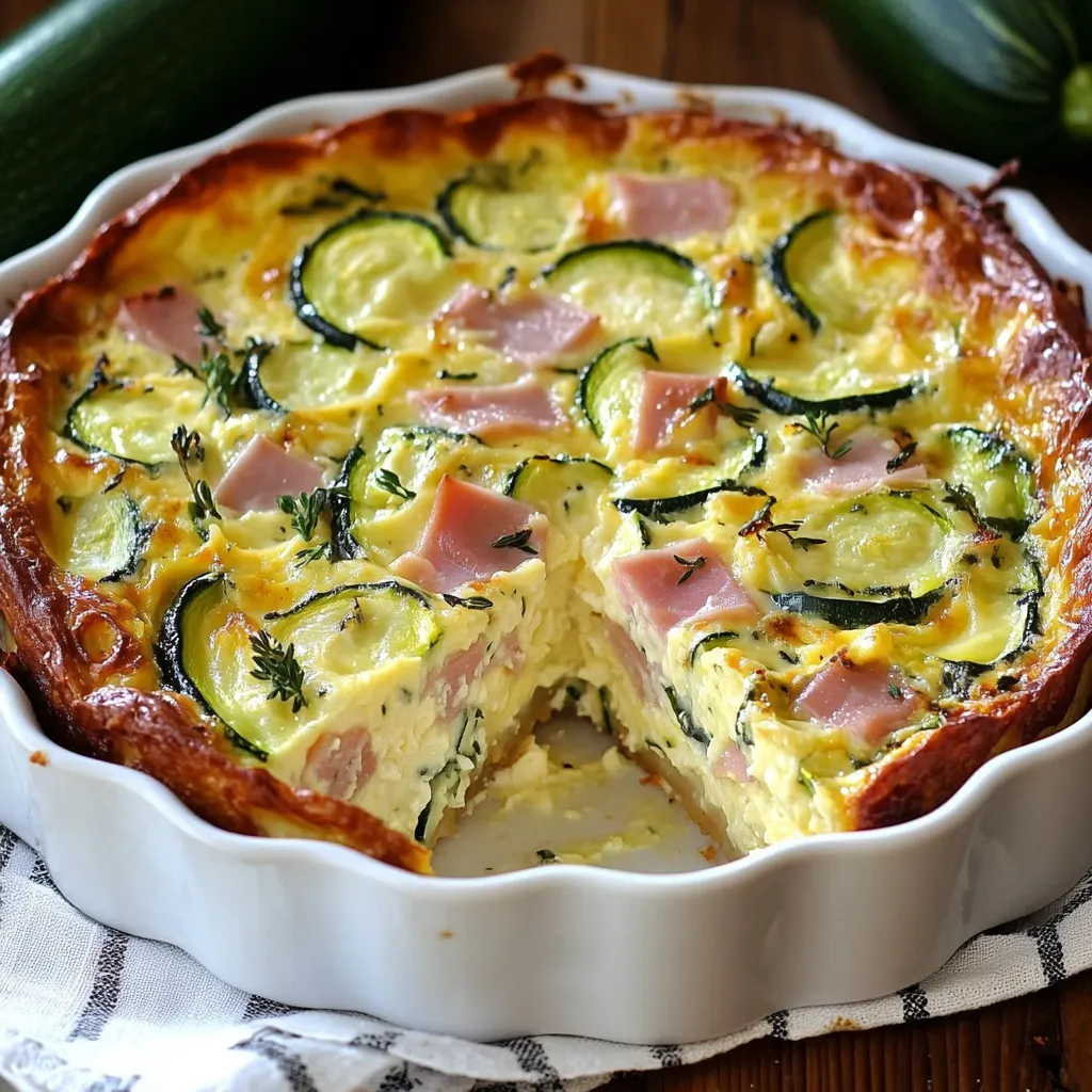 Flan léger aux courgettes, jambon de poulet et mozzarella servi sur une assiette
