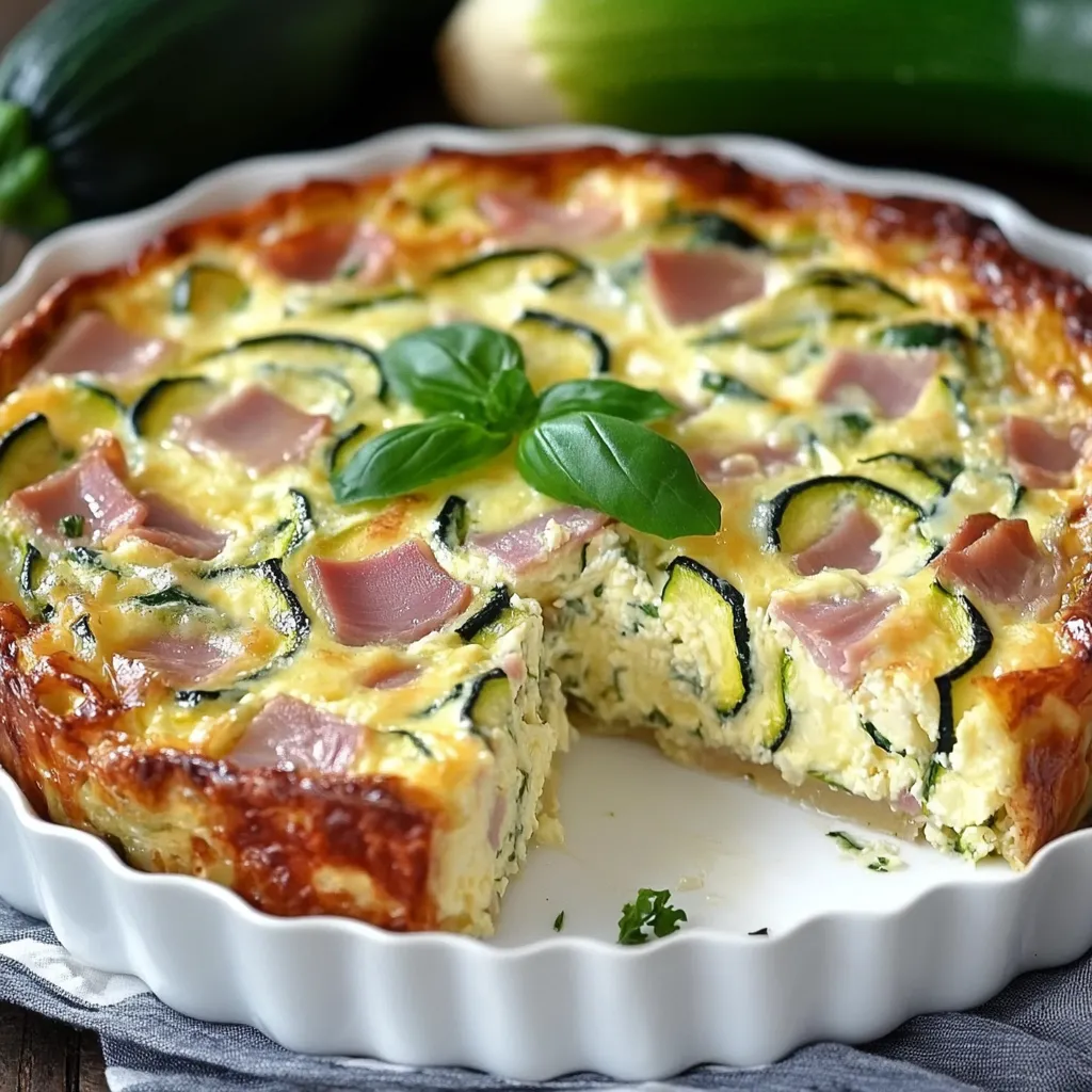 Flan léger aux courgettes, jambon de poulet et mozzarella servi sur une assiette