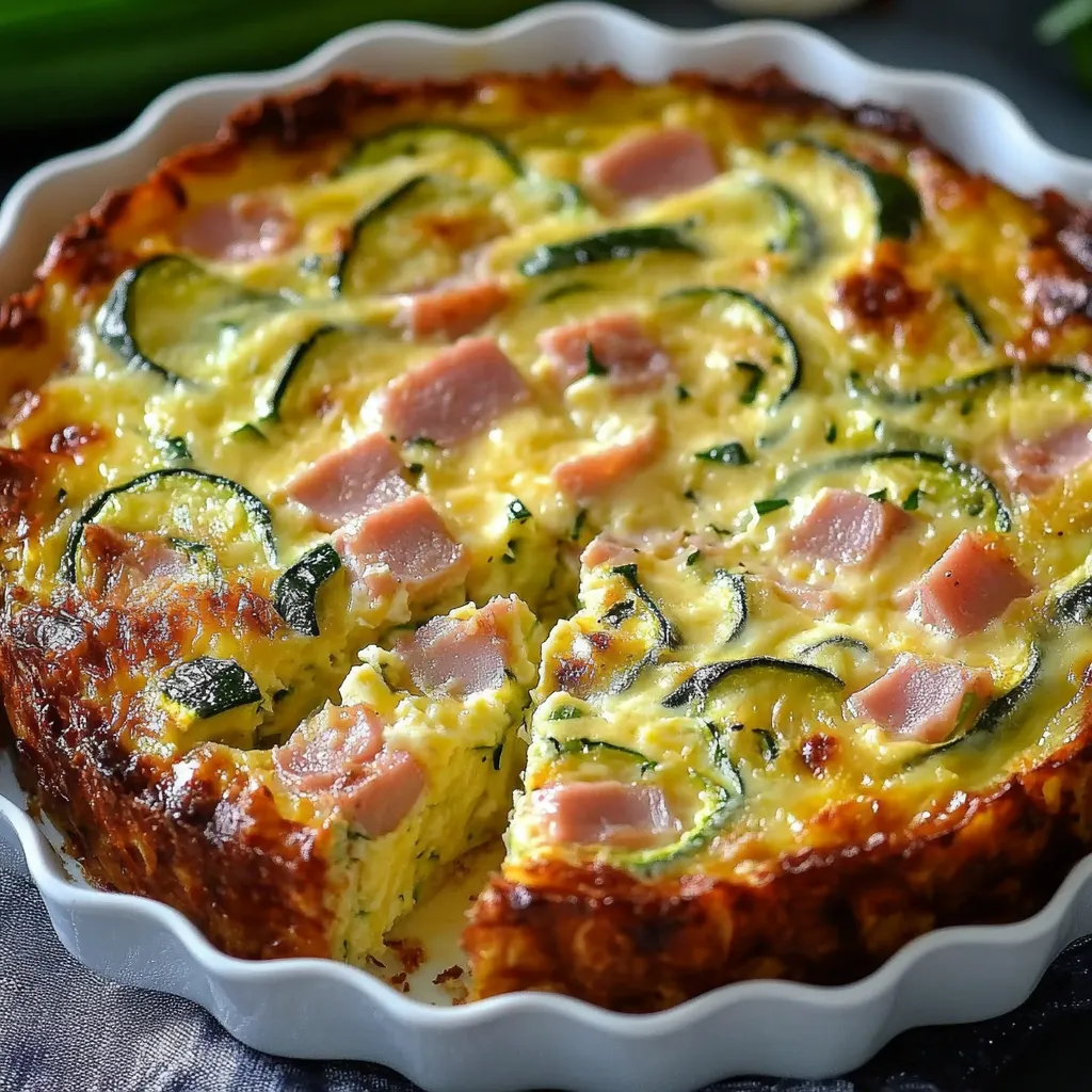 Flan léger aux courgettes, jambon de poulet et mozzarella servi sur une assiette