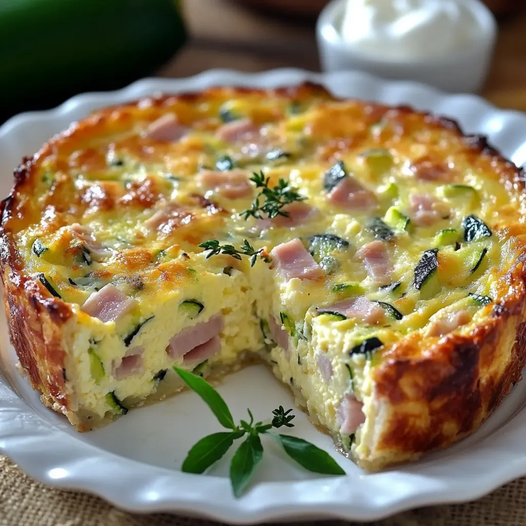 Flan léger aux courgettes, jambon de poulet et mozzarella servi sur une assiette