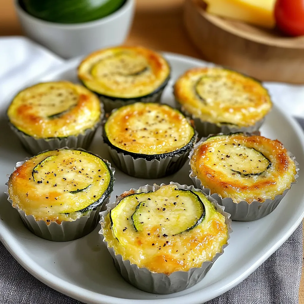 Flans légers de courgettes dorés dans des moules individuels, posés sur une planche en bois