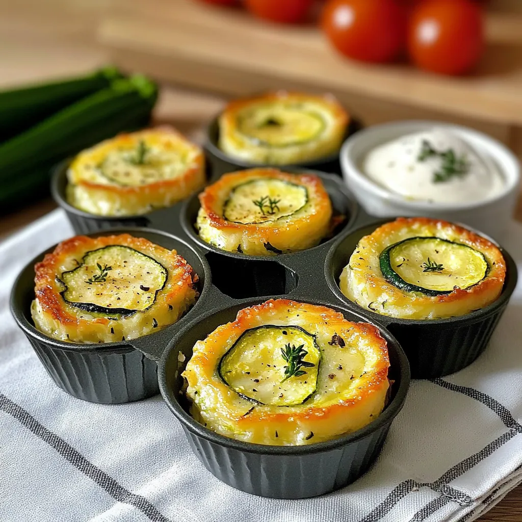 Flans légers de courgettes dorés dans des moules individuels, posés sur une planche en bois