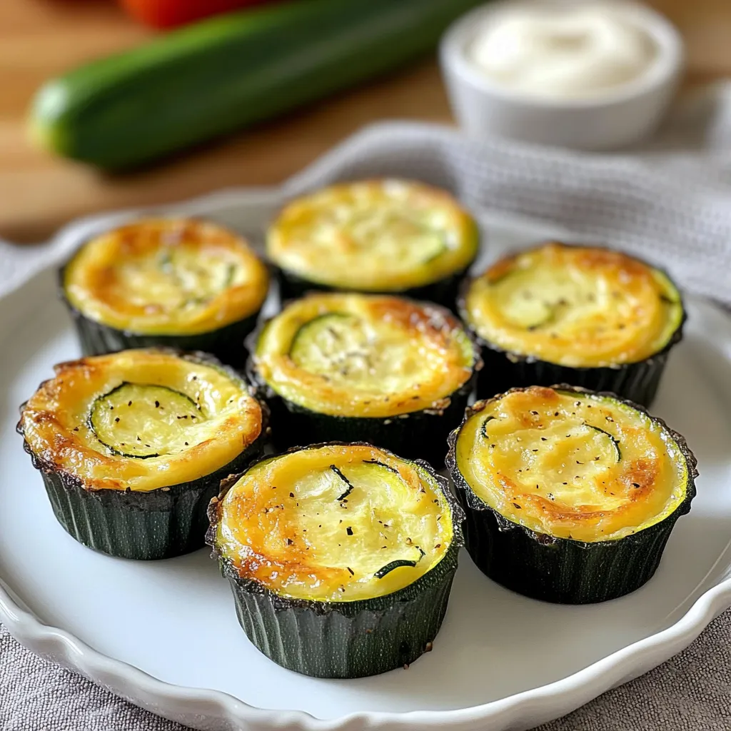 Flans légers de courgettes dorés dans des moules individuels, posés sur une planche en bois