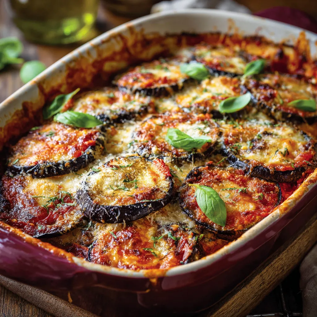 Gratin d’aubergines à l’italienne doré au four avec mozzarella fondante et sauce tomate maison