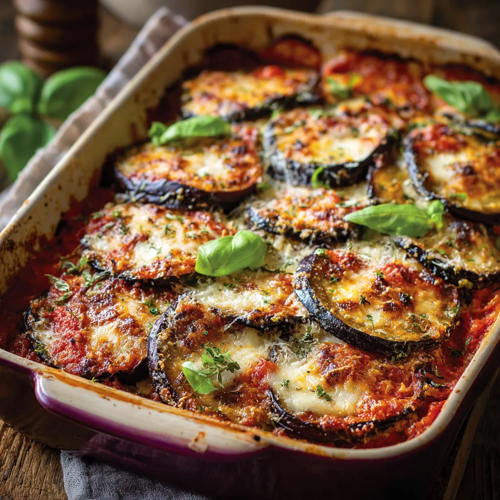 Gratin d’aubergines à l’italienne doré au four avec mozzarella fondante et sauce tomate maison