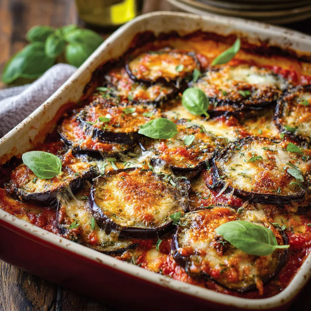 Gratin d’aubergines à l’italienne doré au four avec mozzarella fondante et sauce tomate maison