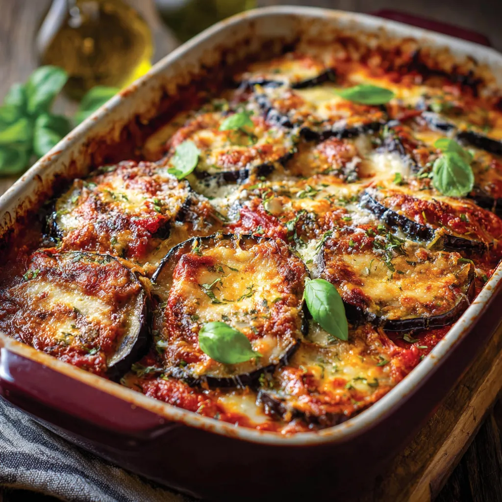 Gratin d’aubergines à l’italienne doré au four avec mozzarella fondante et sauce tomate maison
