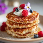 Galettes dorées aux flocons d’avoine et yaourt, servies avec fruits frais.