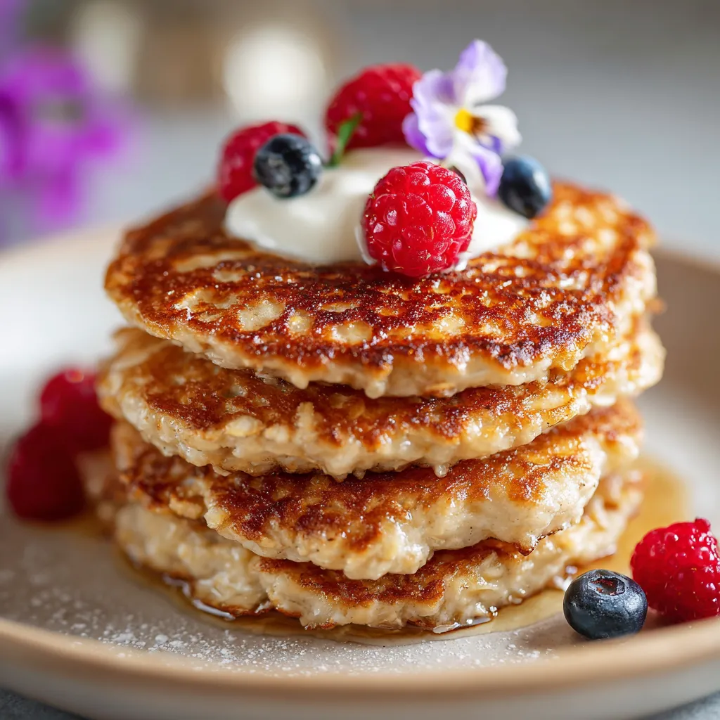 Galettes dorées aux flocons d’avoine et yaourt, servies avec fruits frais.