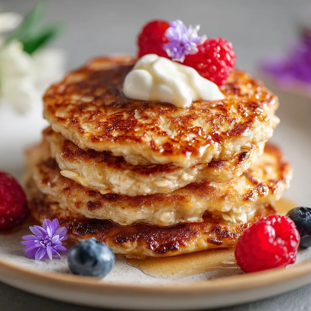 Galettes dorées aux flocons d’avoine et yaourt, servies avec fruits frais.