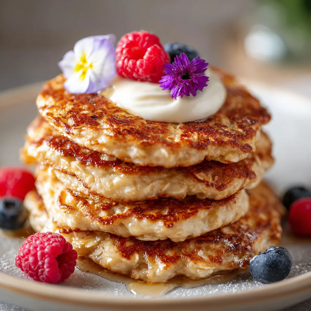 Galettes dorées aux flocons d’avoine et yaourt, servies avec fruits frais.