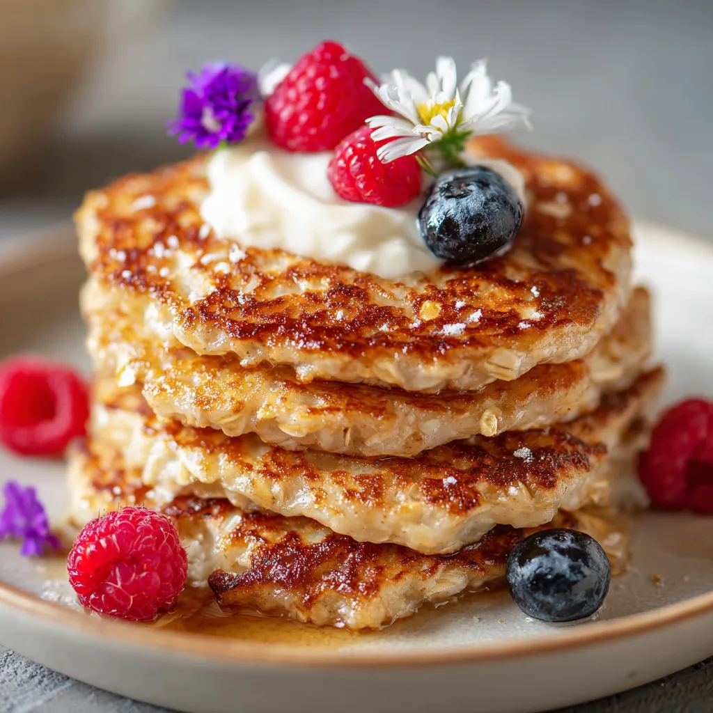 Galettes dorées aux flocons d’avoine et yaourt, servies avec fruits frais.