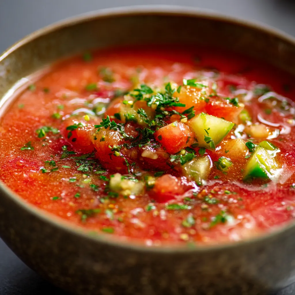 Bol de gaspacho frais avec huile d’olive et herbes fraîches