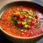 Bol de gaspacho frais avec huile d’olive et herbes fraîches