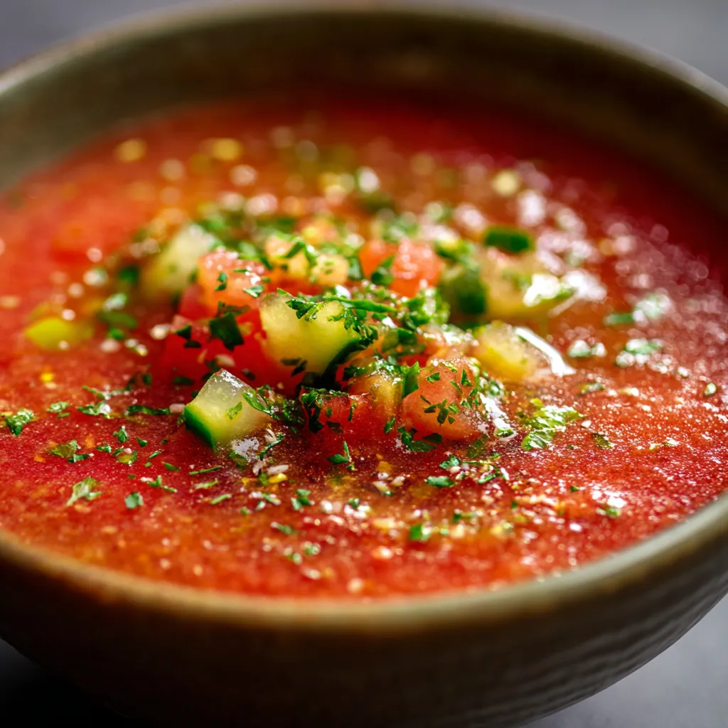Bol de gaspacho frais avec huile d’olive et herbes fraîches