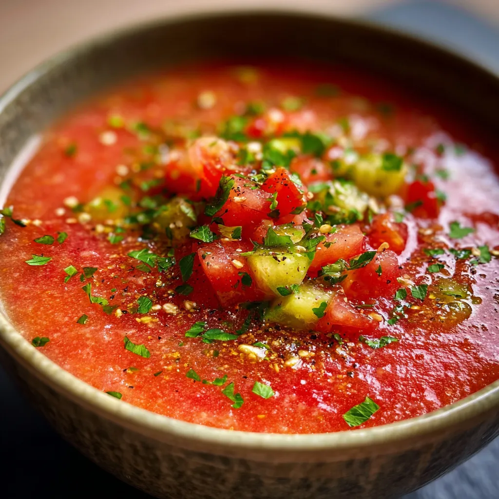 Bol de gaspacho frais avec huile d’olive et herbes fraîches