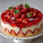 Gâteau froid aux fraises sans gélatine ni crème sur plat de service, décoré de fraises caramélisées