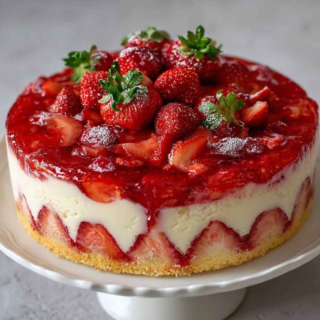 Gâteau froid aux fraises sans gélatine ni crème sur plat de service, décoré de fraises caramélisées
