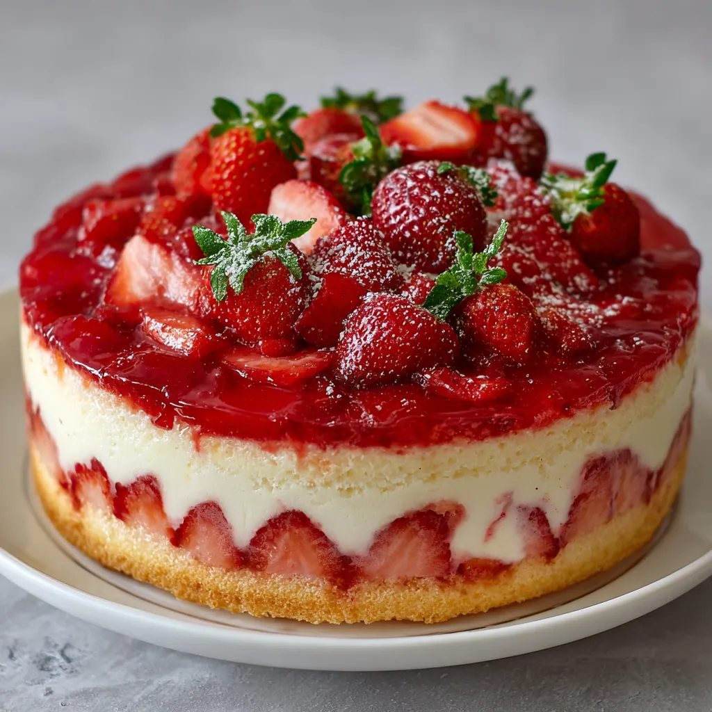 Gâteau froid aux fraises sans gélatine ni crème sur plat de service, décoré de fraises caramélisées
