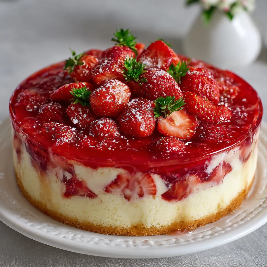 Gâteau froid aux fraises sans gélatine ni crème sur plat de service, décoré de fraises caramélisées