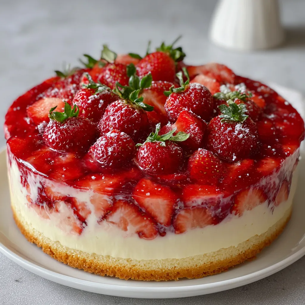 Gâteau froid aux fraises sans gélatine ni crème sur plat de service, décoré de fraises caramélisées