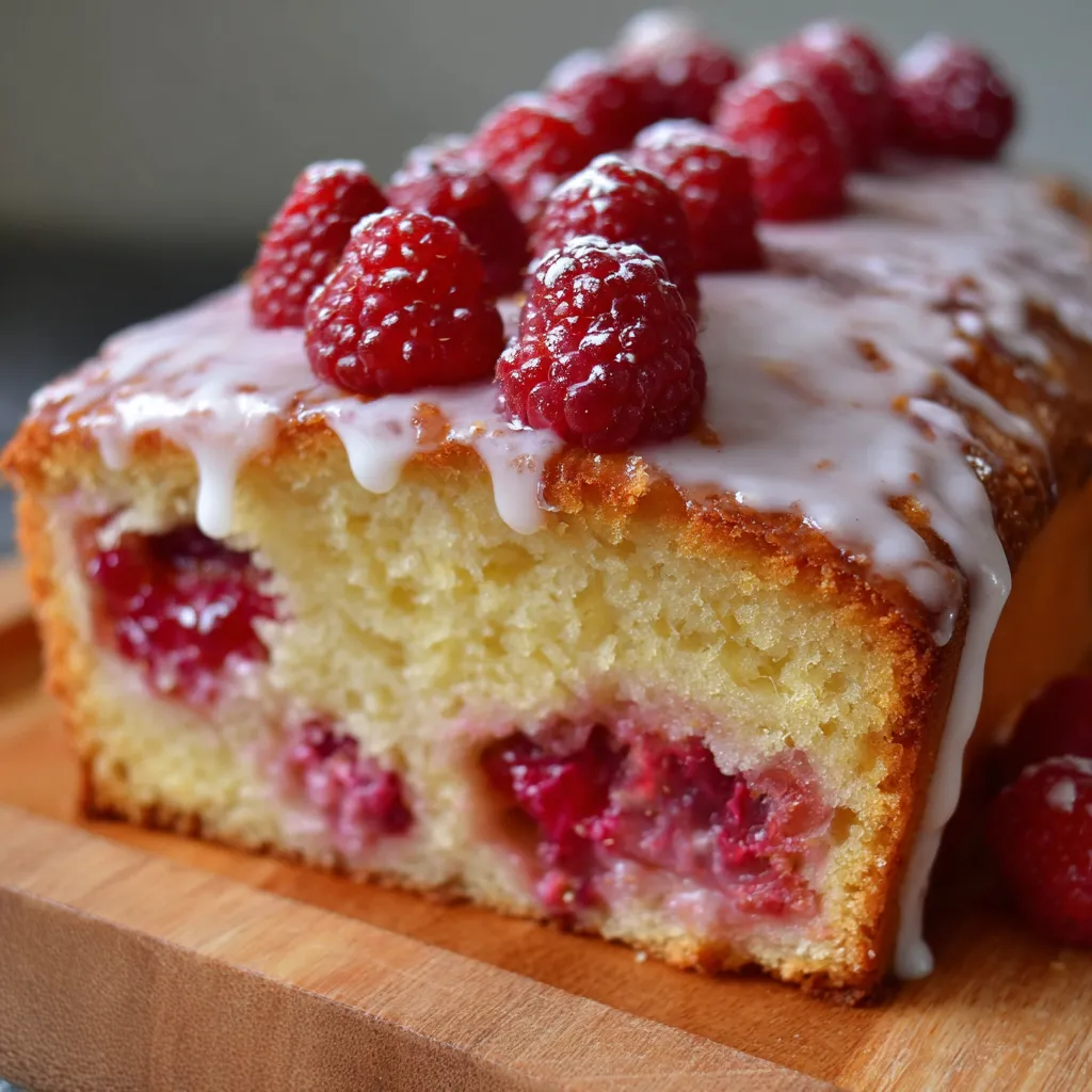 Gâteau moelleux au yaourt et framboises servi sur une assiette, décoré de sucre glace