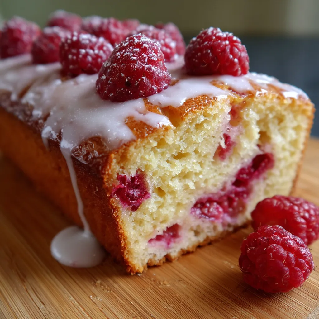 Gâteau moelleux au yaourt et framboises servi sur une assiette, décoré de sucre glace